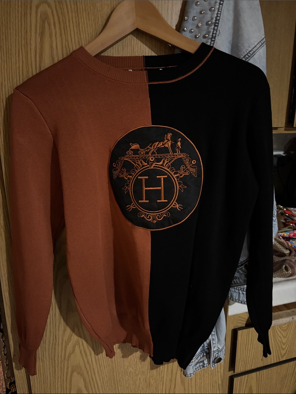 Two-Tone Black  and Camel Sweater with Emblem